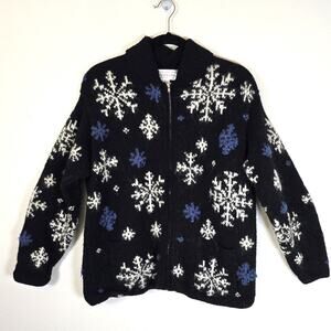Jones New York Hand Knit Sweater Womens M Black Snowflake Mohair Winter Classic